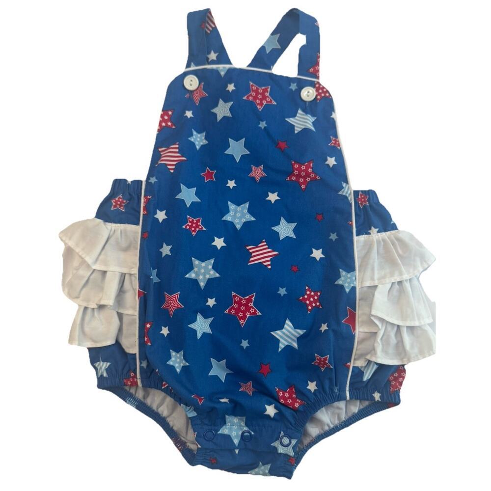 Posh Pickle Girls Sunsuit Romper Size 18 M Patriotic Stars Ruffle 4th Of July
